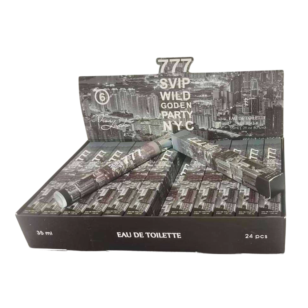PERFUME EN TUBO PARA HOMBRE VIVA LUCK 777 SVIP WILD GODEN PARTY NYC 6 EDT 35ML (H)