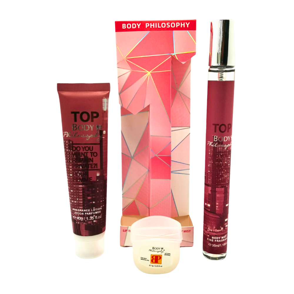 SET PERFUME EN TUBO PARA DAMA BODY PHILOSOPHY TOP EDP 35ML, BODY LOTION 40G, VASELINA 7G (M)