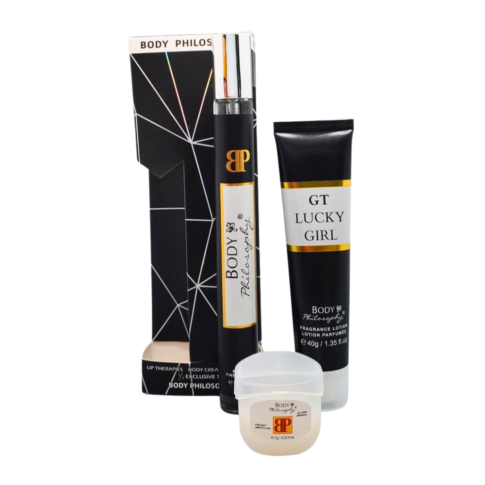 SET PERFUME EN TUBO PARA DAMA BODY PHILOSOPHY GT LUCKY EDP 35ML, BODY LOTION 40G, VASELINA 7G (M)