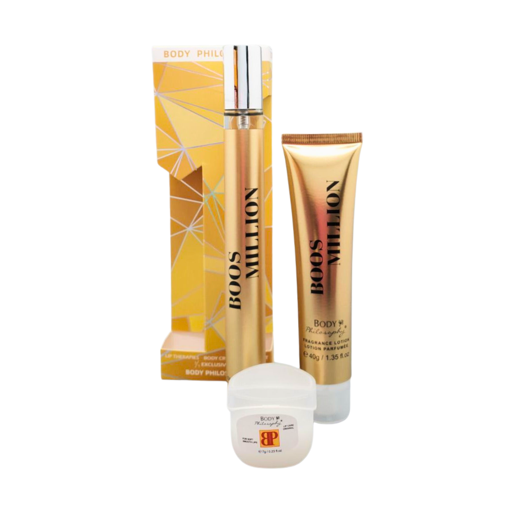 SET PERFUME EN TUBO PARA DAMA BOOS MILLION EDP 35ML, BODY LOTION 40G, VASELINA 7G (M)