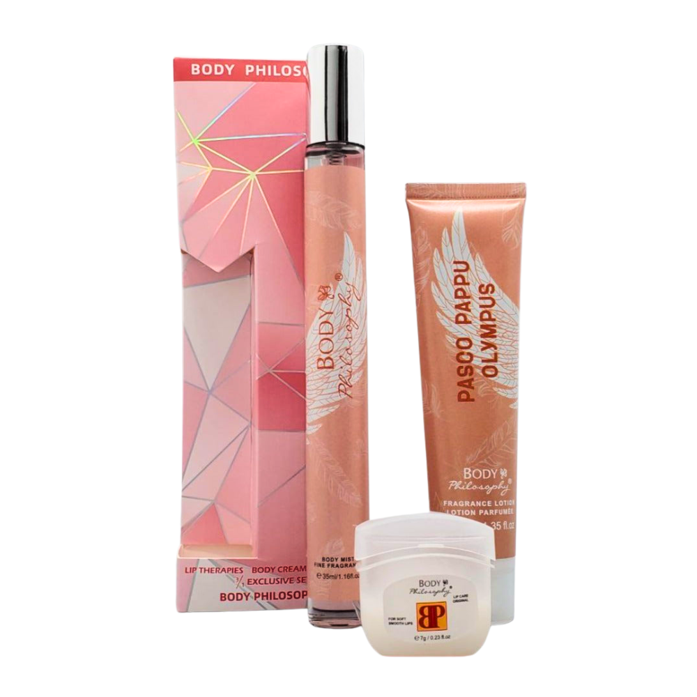 SET PERFUME EN TUBO PARA DAMA BODY PHILOSOPHY PASCO PAPPU OLYMPUS EDP 35ML, BODY LOTION 40G, VASELINA 7G (M)