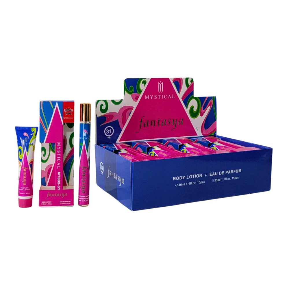 SET PERFUME EN TUBO PARA DAMA MYSTICAL FANTASYA 31 EDP 35ML, BODY LOTION 40ML (M)