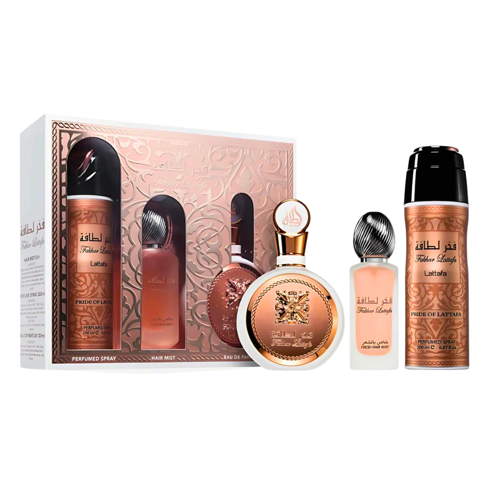SET LATTAFA FAKHAR ROSE EDP 100ML, BODY SPRAY 200ML, HAIR MIST 50ML (M)