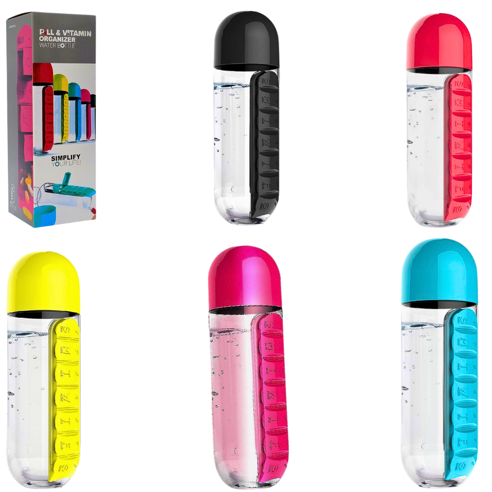 BOTE PARA AGUA 2 EN 1 CON ORGANIZADOR DE PASTILLAS 7 DIAS, VARIOS COLORES