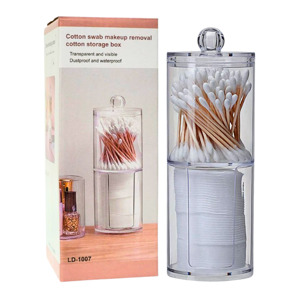 ORGANIZADOR DE HISOPOS Y ALGODON DESMAQUILLANTE, DE ACRILICO DE 2 NIVELES, TRANSPARENTE 19X6.8X17.5CM