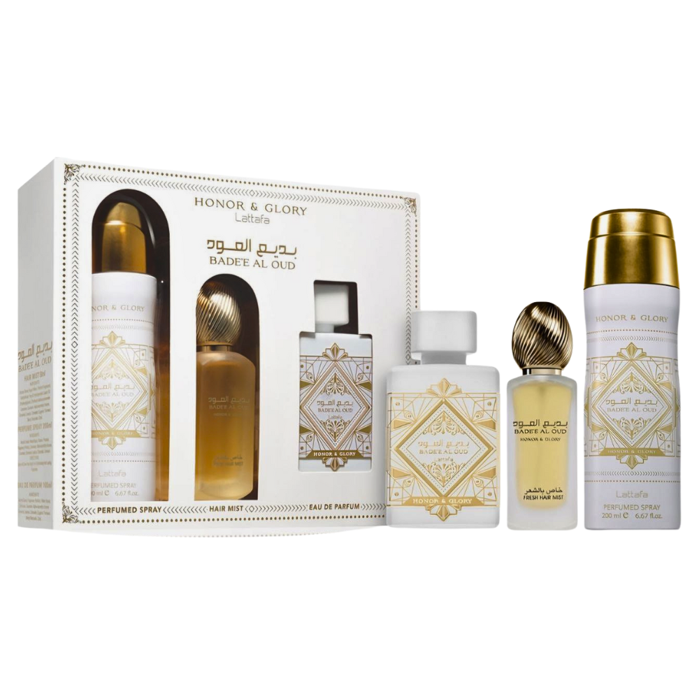 SET LATTAFA BADEE AL OUD HONOR & GLORY EDP 100ML, HAIR MIST 50ML, BODY SPRAY 200ML (U)