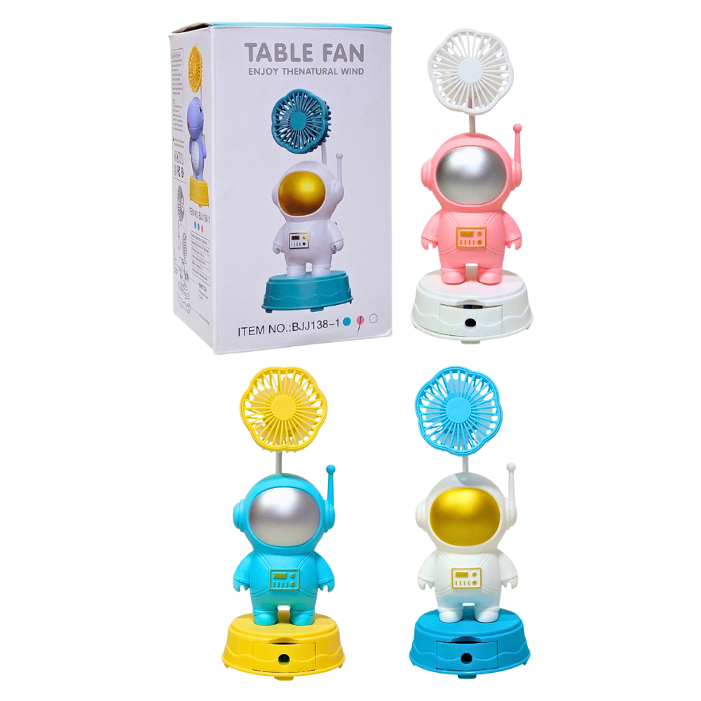 VENTILADOR DE MESA RECARGABLE DE ASTRONAUTA CON SACAPUNTAS TABLE FAN 3 COLORES