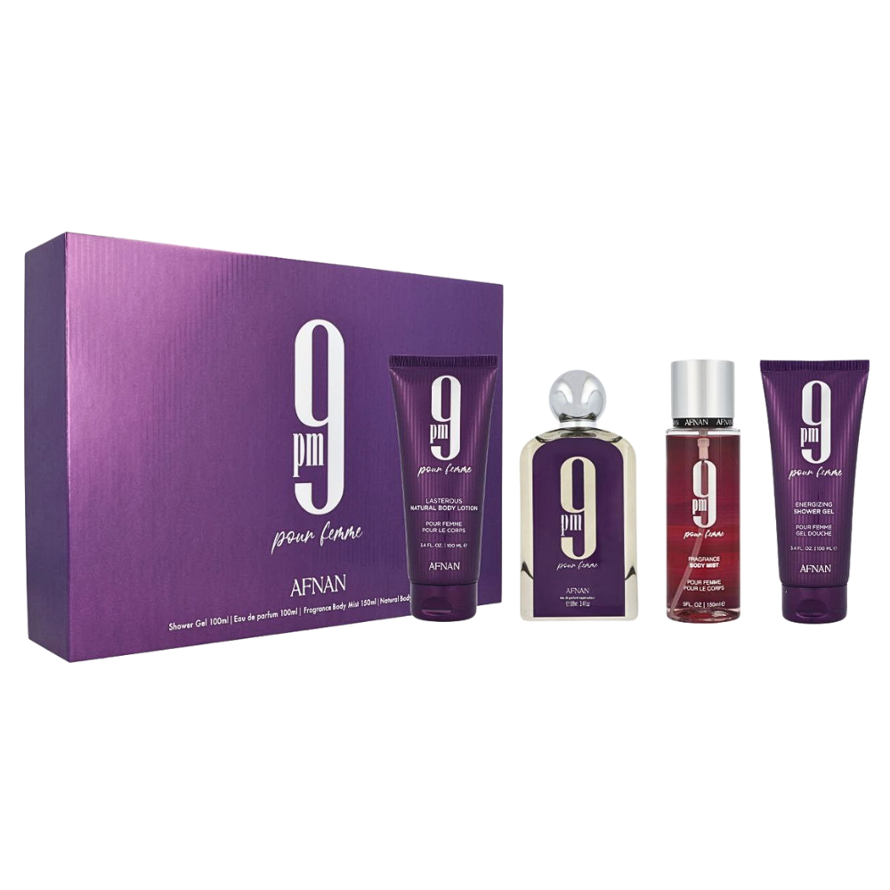 SET AFNAN 9PM POUR FEMME EDP 100ML, SHOWER GEL 100ML, BODY MIST 150ML, BODY LOTION 100ML (M)