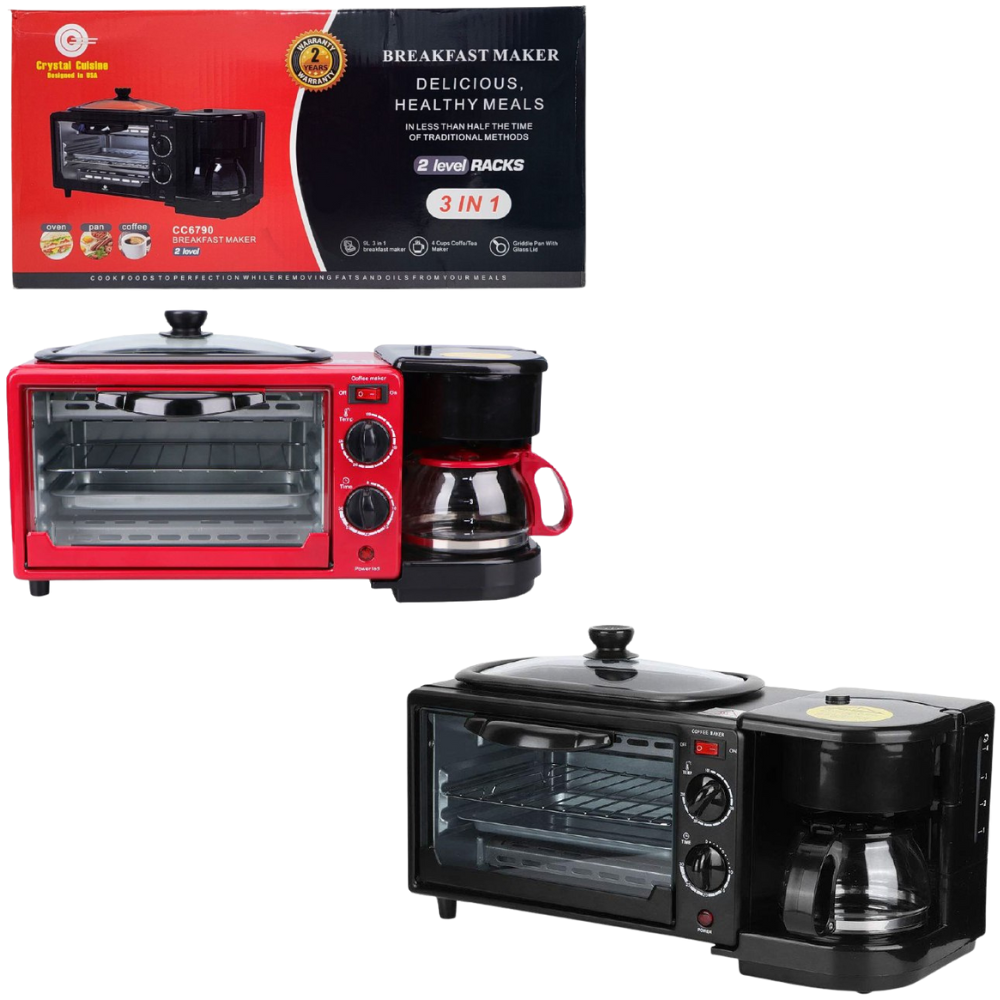 MAQUINA DE DESAYUNO 3 EN 1, COMIDA DELICIOSA EN LA MITAD DE TIEMPO, 2 NIVELES, CAFETERA 4 TAZAS, CACEROLA CRYSTAL CUISINE