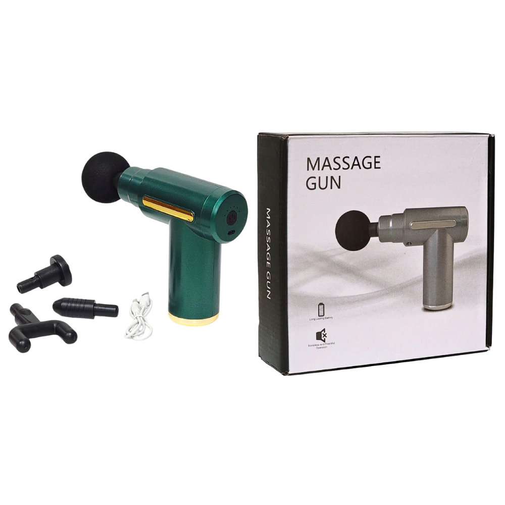 MAQUINA PISTOLA ELECTRICA DE MASAJE INALAMBRICO Y RECARGABLE, POTENCIA COMPACTA DE 4 CABEZAS INTERCAMBIABLES MOTOR 30W, VOLTAJE 5V 132X134X50MM MASSAGE GUN