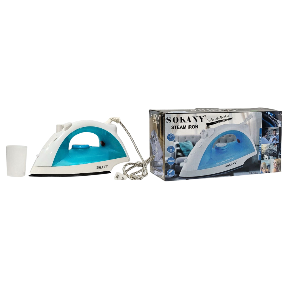 MAQUINA PLANCHA DE ROPA DE VAPOR, FUNCION SECO, VAPOR, AEROSOL, BOTON DE PULVERIZACION, SUELA DE CERAMICA, CONTROL DE TEMPERATURA, 1800W, TANQUE DE AGUA 220ML, SOKANY ES-198A STEAM IRON