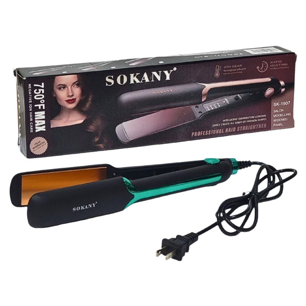 PLANCHA PARA EL CABELLO PROFESIONAL CON TEMPERATURA AJUSTABLE 750 GRADOS MAXIMO, CALENTAMIENTO RAPIDO, PROTECCION DE APAGADO AUTOMATICO SOKANY SK-1907