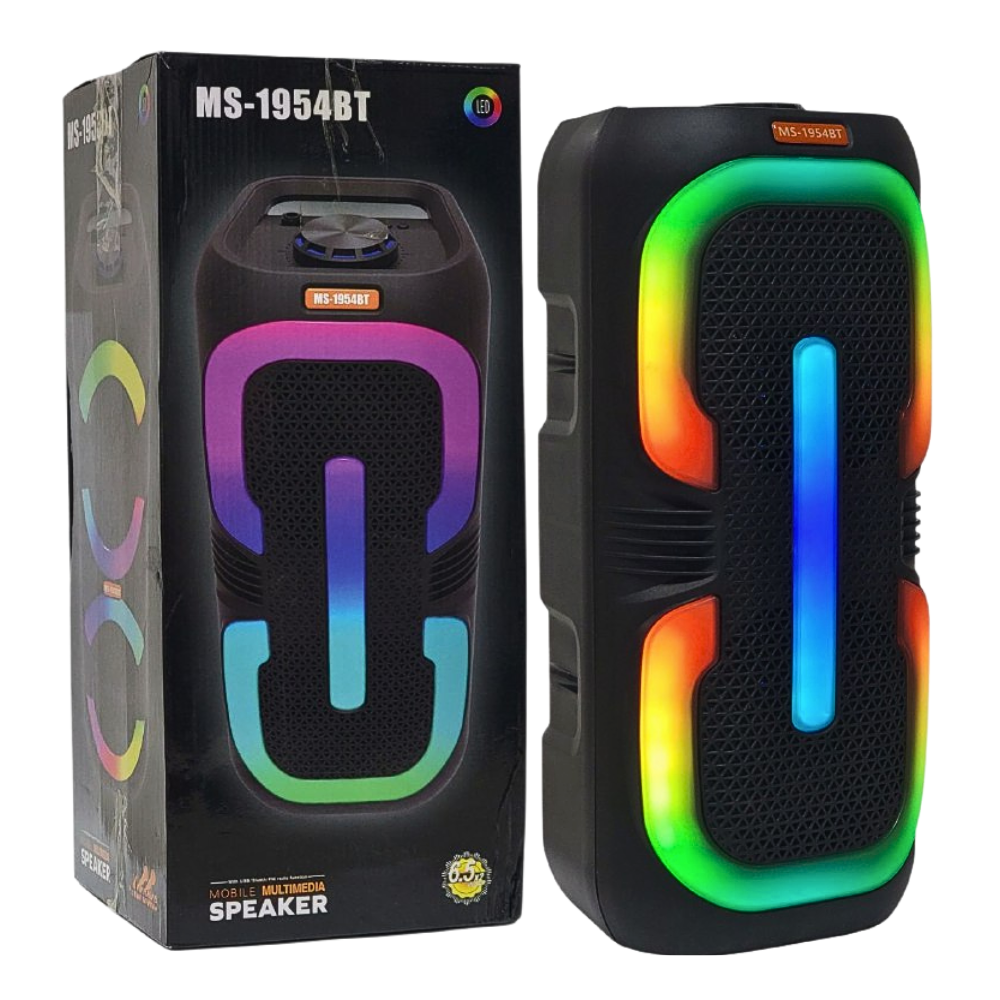 PARLANTE ALTAVOZ INALAMBRICO MS-1954BT CON LUCES MULTICOLOR, BATERIA RECARGABLE, FACIL DE TRANSPORTAR, LUCES RGB, PANEL COMPLETO CON FUNCIONES 20WX2