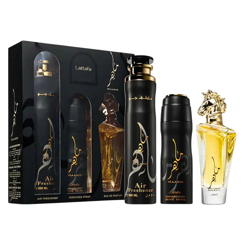 SET LATTAFA MAAHIR EDP 100ML, AMBIENTADOR PERFUMADO 300ML, BODY SPRAY 200ML (H)