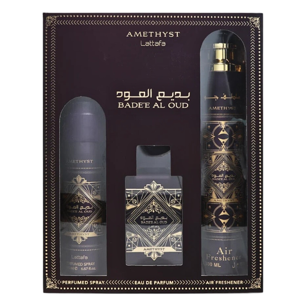 SET LATTAFA BADEE AL OUD AMETHYST EDP 100ML, AMBIENTADOR PERFUMADO 300ML, BODY SPRAY 200ML (U)