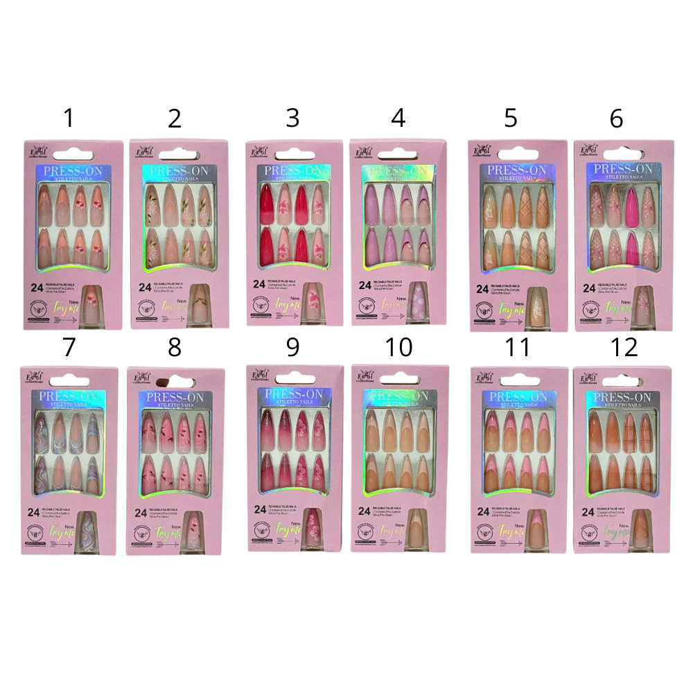 UÑAS PRESS ON, POSTIZAS REUTILIZABLES EN SET DE 24 UÑAS, LIMA, PAILLO PARA CUTICULA Y PEGAMENTO ENGOL COLLECTIONS