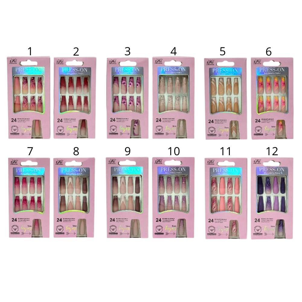 UÑAS PRESS ON, POSTIZAS REUTILIZABLES EN SET DE 24 UÑAS, LIMA, PAILLO PARA CUTICULA Y PEGAMENTO ENGOL COLLECTIONS