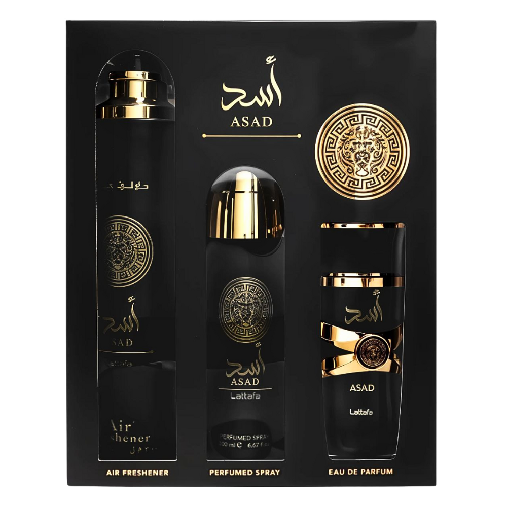 SET LATTAFA ASAD EDP 100ML, AMBIENTADOR PERFUMADO 300ML, BODY SPRAY 200ML (H)