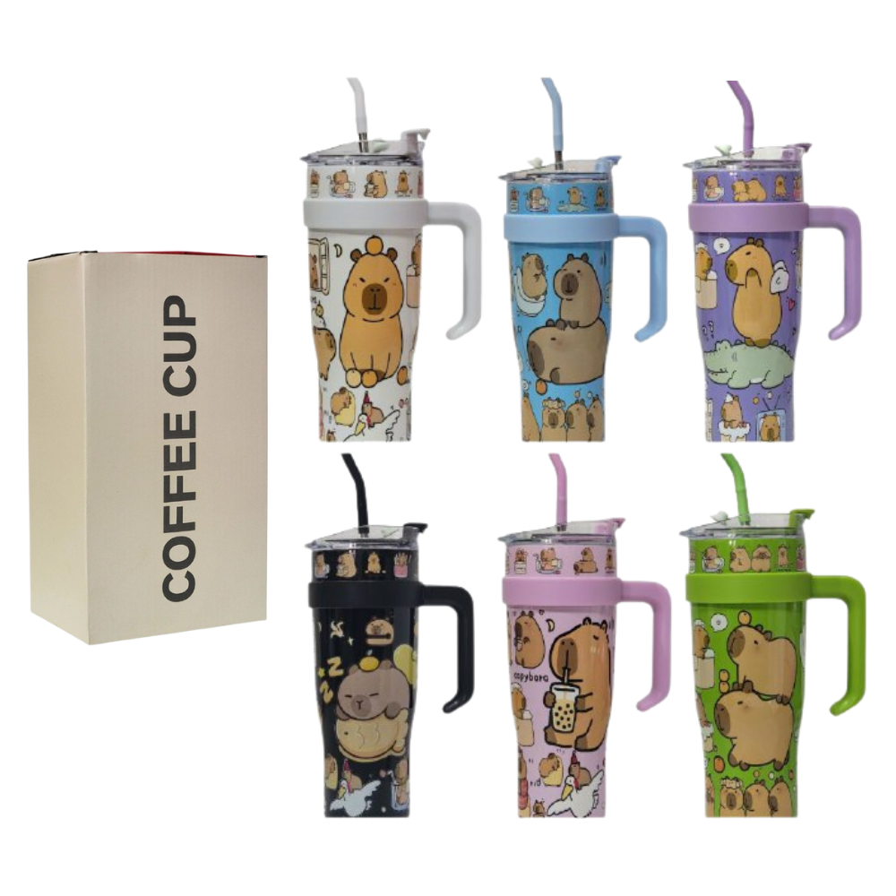 VASO TERMO DE ACERO INOXIDABLE CON ASA DISEÑO DE CAPIBARA,CAPYBARA CON SORBETE Y MUCHO ESTILO 1200ML