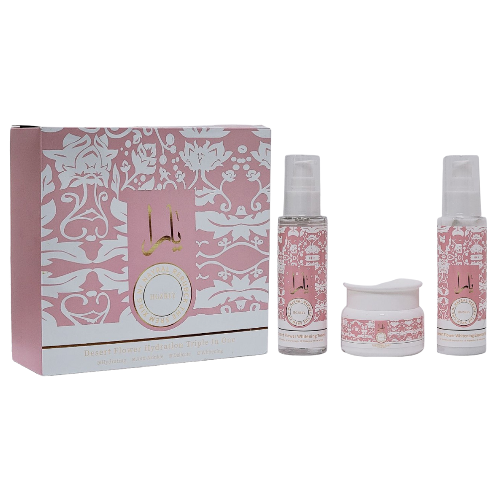 CREMA FACIAL EN SET DE CUIDADO FACIAL, HIDRATACION TRIPLE EN UNO FLOR DEL DESIERTO ANTIARRUGAS Y BLANQUEADOR, TONICO 100ML, LECHE ESENCIAL 100ML, CREMA FACIAL 50G HGZRLY DUPE DE LATTAFA YARA