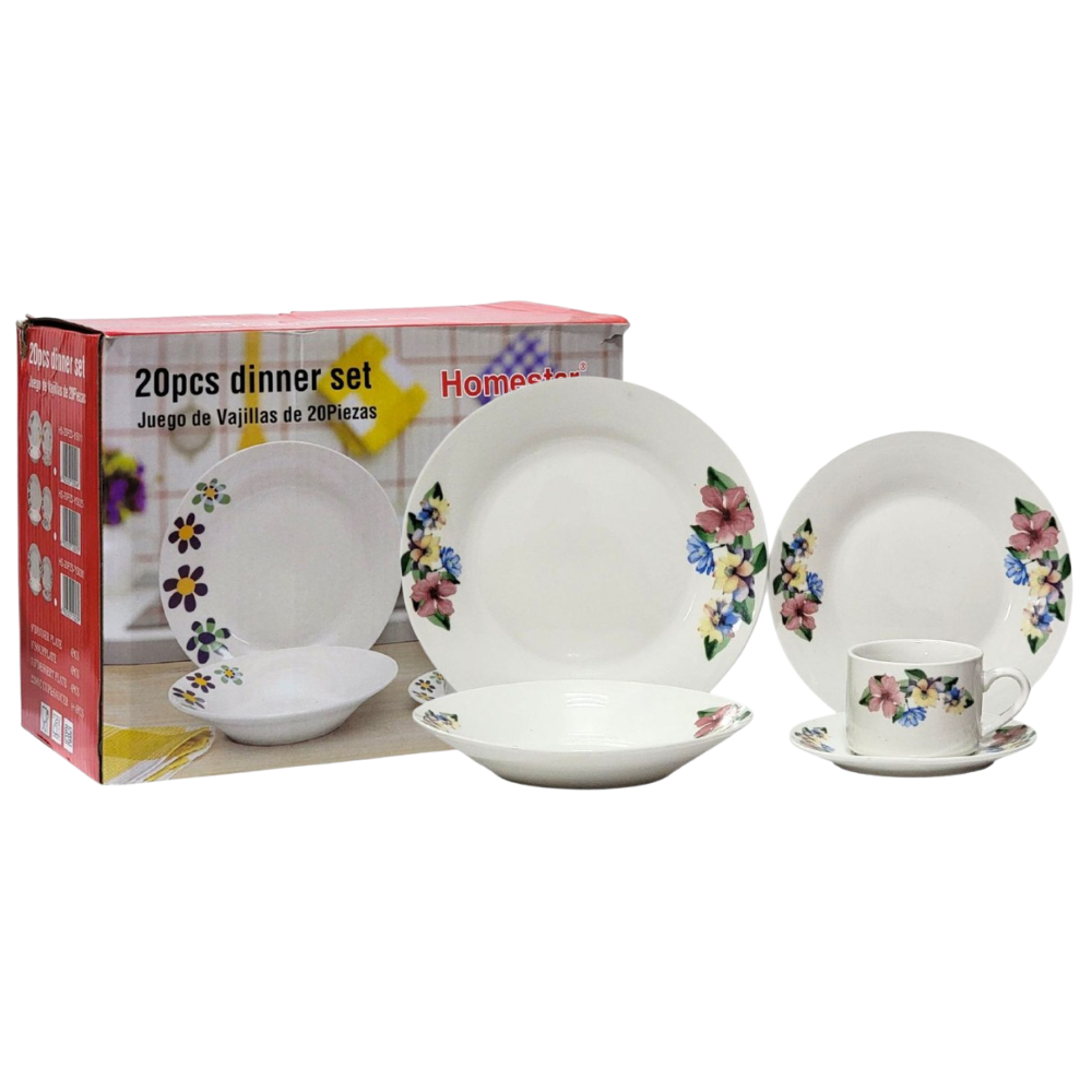 PLATOS JUEGO DE VAJILLA MUY DURA, DIFICIL DE ROMPER NO SE DEFORMA, FACIL CUIDADO HOMESTAR 20 PIEZAS
