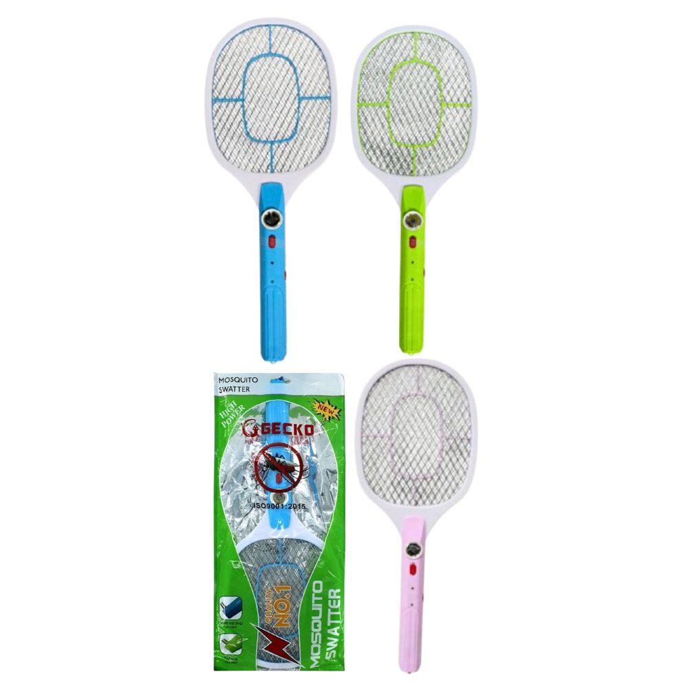 RAQUETA MATA MOSQUITOS ELECTRICA CON ALTA ENERGIA PARA ELIMINAR INSECTOS ZANCUDOS DE FORMA EFECTIVA Y RAPIDA, CON ENCHUFE PLANO PARA RECARGARLA GECKO