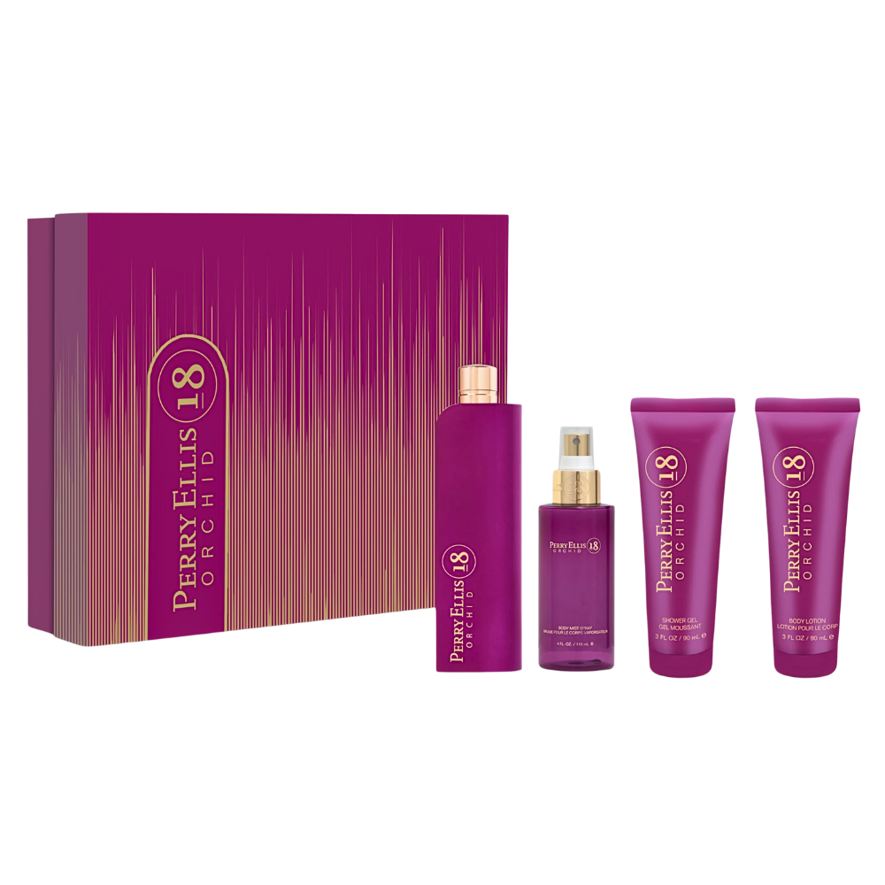 SET PERRY ELLIS 18 ORCHID EDP 100ML, SPLASH 118ML, SHOWER GEL 90ML, BODY LOTION 90ML (M)