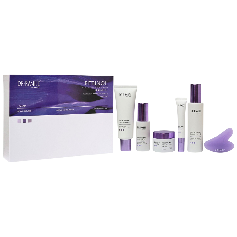SET DE CUIDADO FACIAL DE 6 PIEZAS DE REPARACION NOCTURNA REJUVENECEDORA DR RASHEL, LIMPIADOR FACIAL 120G, TONICO 100ML, SUERO 50ML, CREMA NOCHE 50G, CREMA DE OJOS 20G Y MASAJEADOR FACIAL