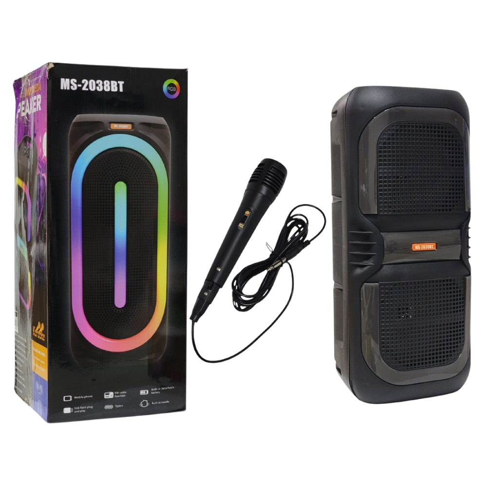 PARLANTE ALTAVOZ INALAMBRICO CON LUCES RGB DE PANEL COMPLETO, BATERIA DE ALTA CAPACIDAD Y 50W DE POTENCIA, SONIDO ENVOLVENTE Y MICROFONO PARA KARAOKE MS-2039BT