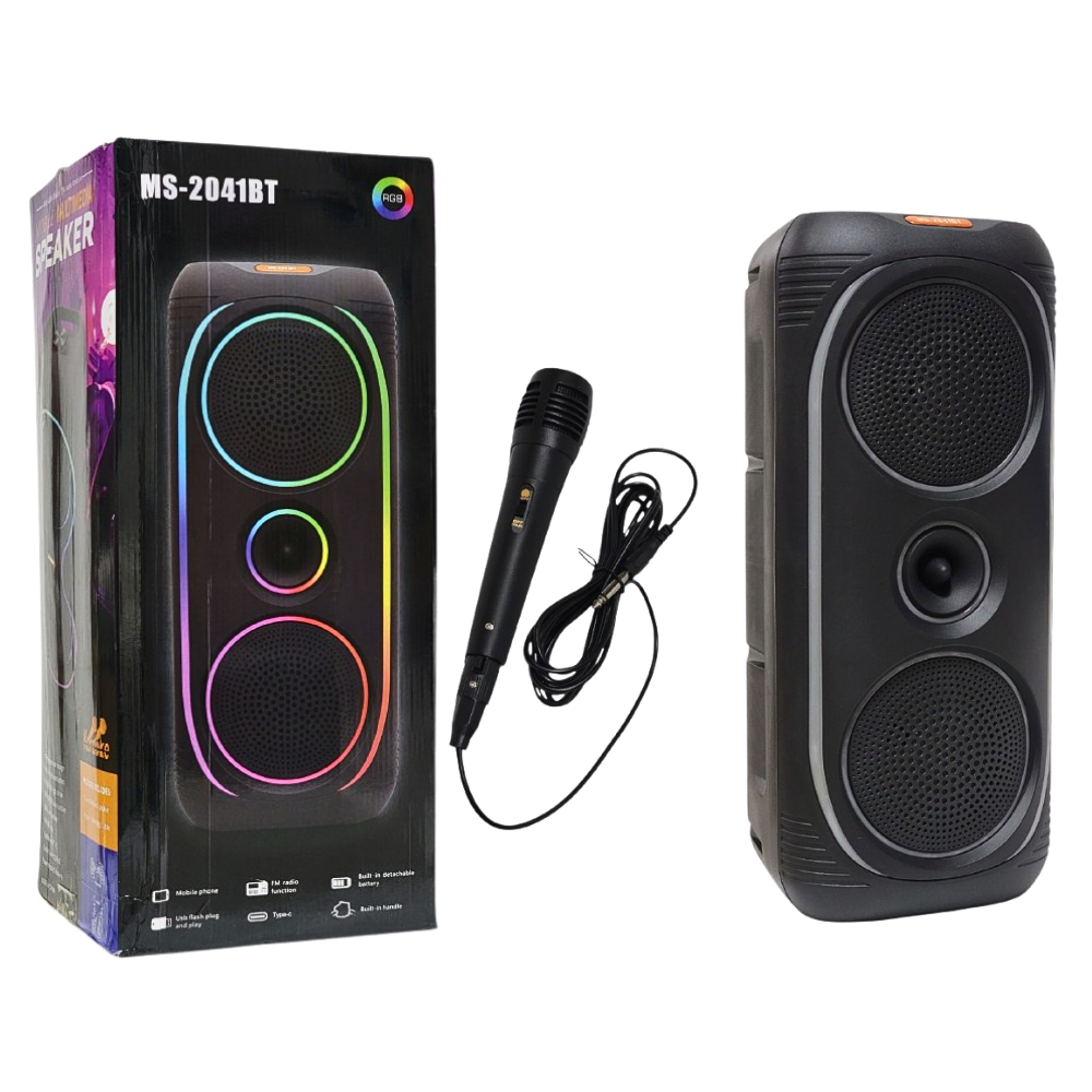 PARLANTE ALTAVOZ INALAMBRICO CON LUCES RGB DE PANEL COMPLETO, BATERIA DE ALTA CAPACIDAD Y 50W DE POTENCIA, SONIDO ENVOLVENTE Y MICROFONO PARA KARAOKE MS-2041BT