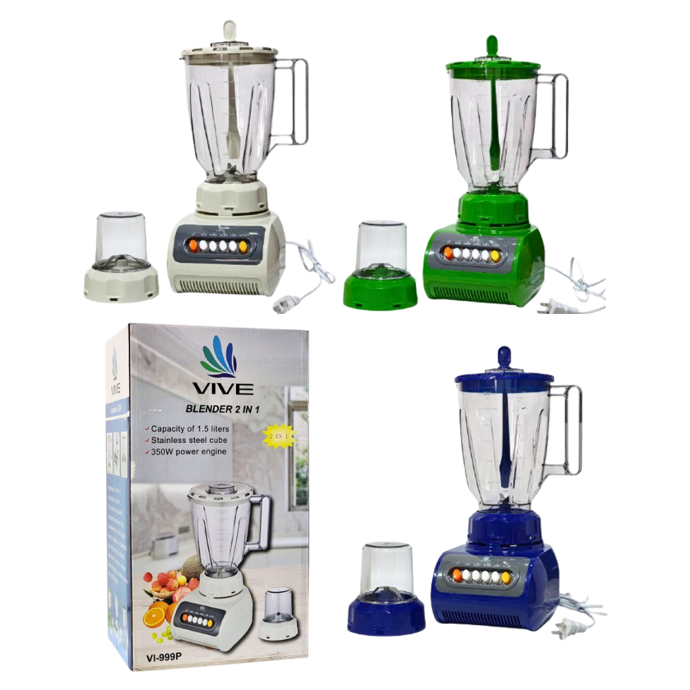 MAQUINA LICUADORA 2 EN 1 CON MOTOR POTENTE DE 350W, TRITURA MEZCLA Y PROCESA CON VELOCIDAD, DE ACERO INOXIDABLE Y CAPACIDAD DE 1.5L VIVE, 3 COLORES