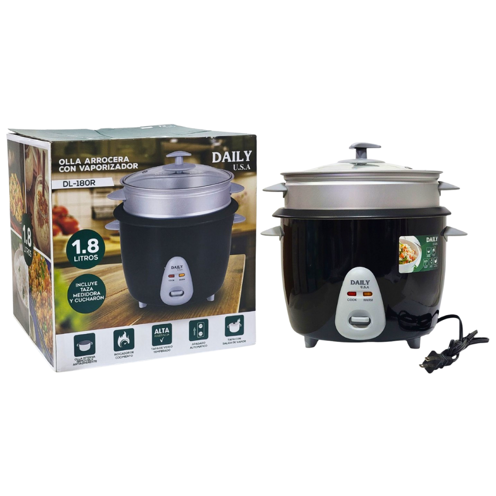 OLLA DE COCINA ARROCERA DE 1.8L DE CAPACIDAD Y SISTEMA DE VAPORIZADOR INTEGRADO, ANTIADHERENTE, INDICADOR, APAGADO AUTOMATICO DAILY U.S.A DL-180R