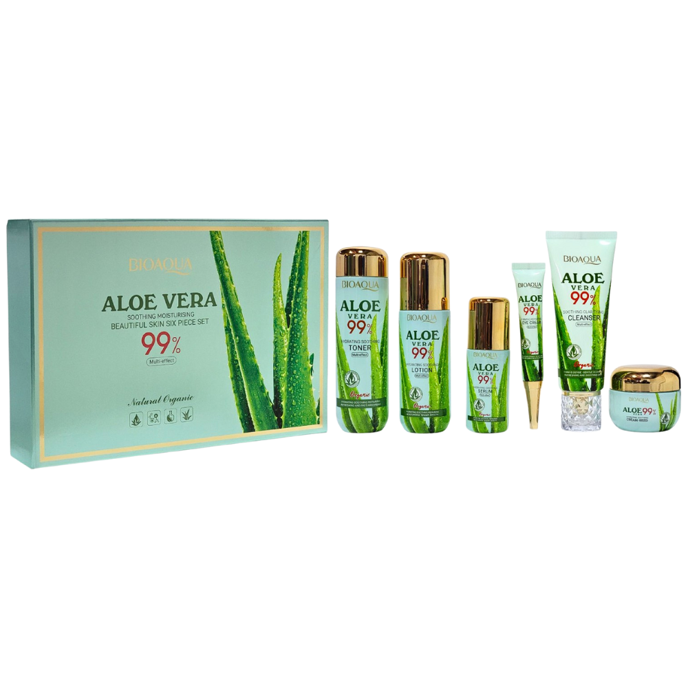 SET DE CUIDADO FACIAL DE 6 PIEZAS DE ALOE VERA SUAVIZANTE, LIMPIADOR 100G, TONICO 130ML, CREMA 100ML, SUERO 40ML, CREMA HIDRATANTE 50G, CREMA DE OJOS 20G BIOAQUA