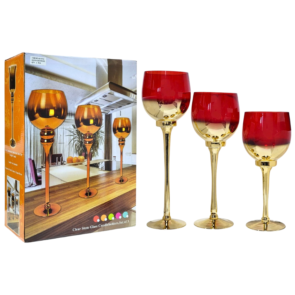 DECORACION CANDELERO EN SET DE 3 PIEZAS DE COPA CON TALLO DE CRISTAL DORADO ELEGANTE Y RESISTENTE