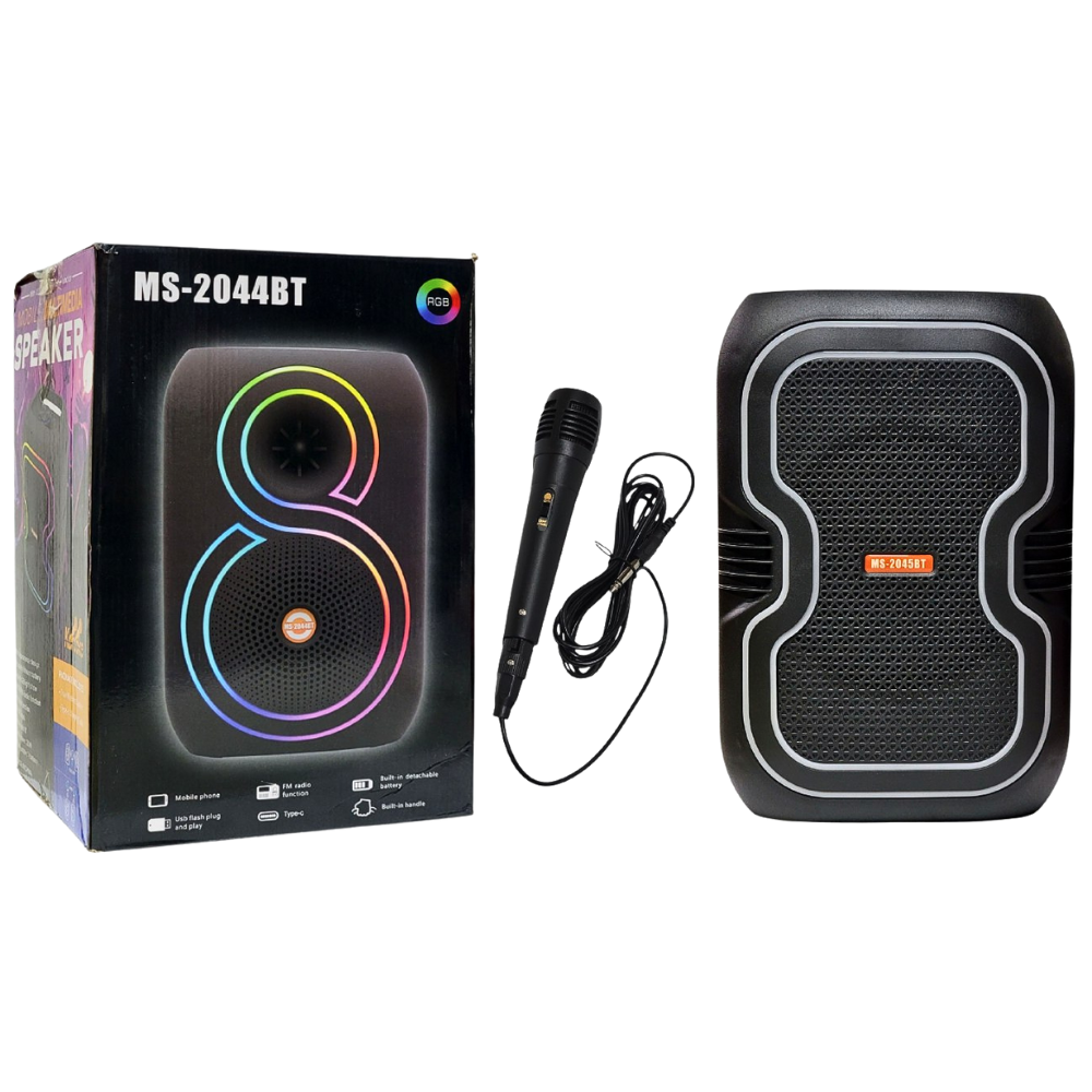 PARLANTE ALTAVOZ INALAMBRICO CON LUCES RGB Y POTENCIA DE 25W, CON MICROFONO PARA KARAOKE Y BATERIA DE LARGA DURACION MS-2045BT