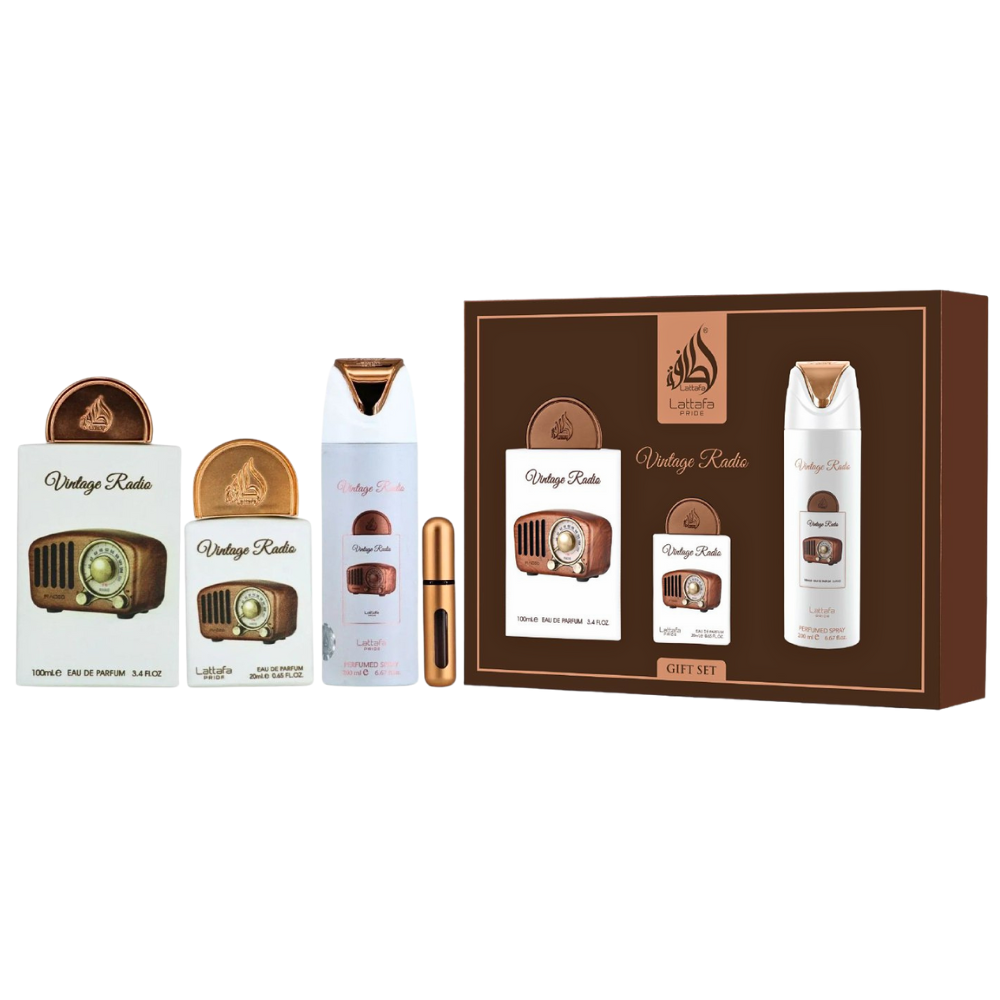 SET LATTAFA PRIDE VINTAGE RADIO GIFT SET EDP 100ML, EDP 20ML, BODY SPRAY 200ML (U)