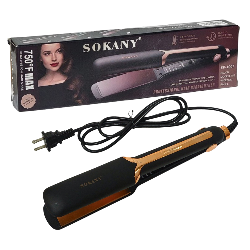 PLANCHA PARA EL CABELLO PROFESIONAL CON TEMPERATURA AJUSTABLE 750 GRADOS MAXIMO, CALENTAMIENTO RAPIDO, PROTECCION DE APAGADO AUTOMATICO SOKANY SK-1907