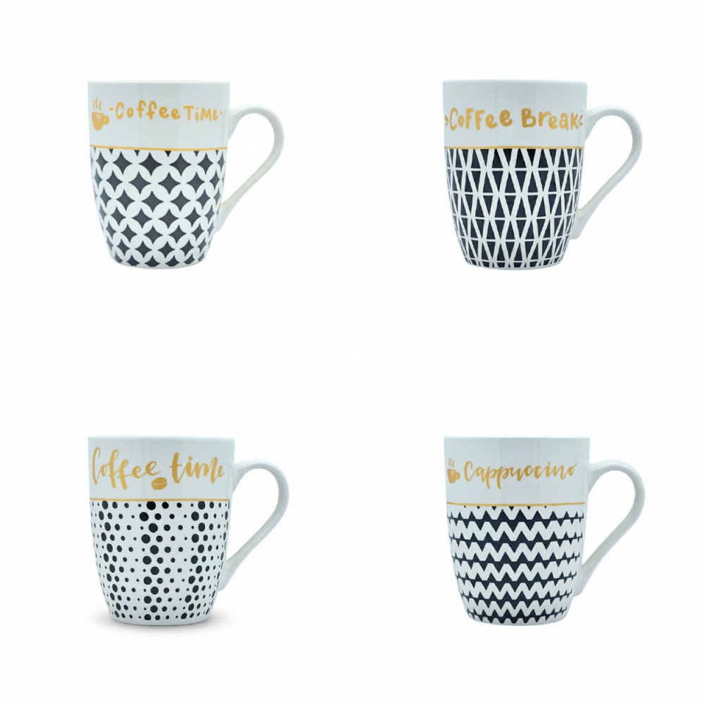 TAZAS DE CERAMICA DE ALTA RESISTENCIA CON ACABADO BRILLANTE Y DISEÑO ERGONOMICO 330ML, 4 ESTILOS