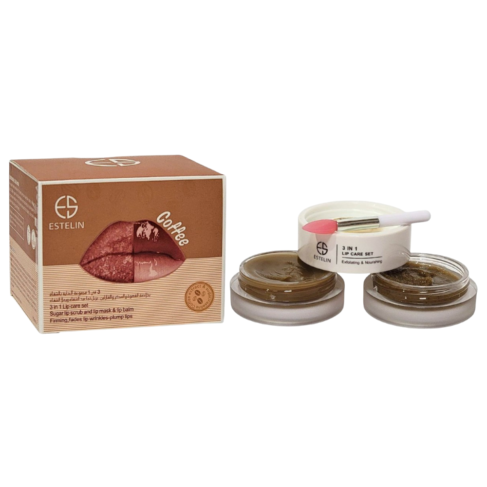 MASCARILLA HIDRATANTE PARA LABIOS EN SET 3 EN 1 BALSAMO HIDRATANTE MANTECA KARITE Y CAFE ESTELIN 5G