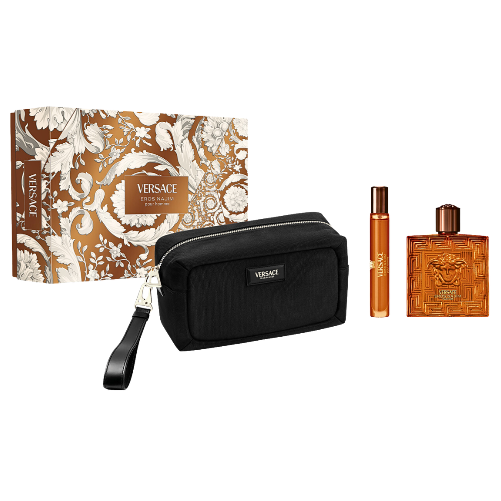 SET VERSACE EROS NAJIM POUR HOMME PARFUM 100ML, PARFUM 10ML, BOLSO DE VIAJE (H)