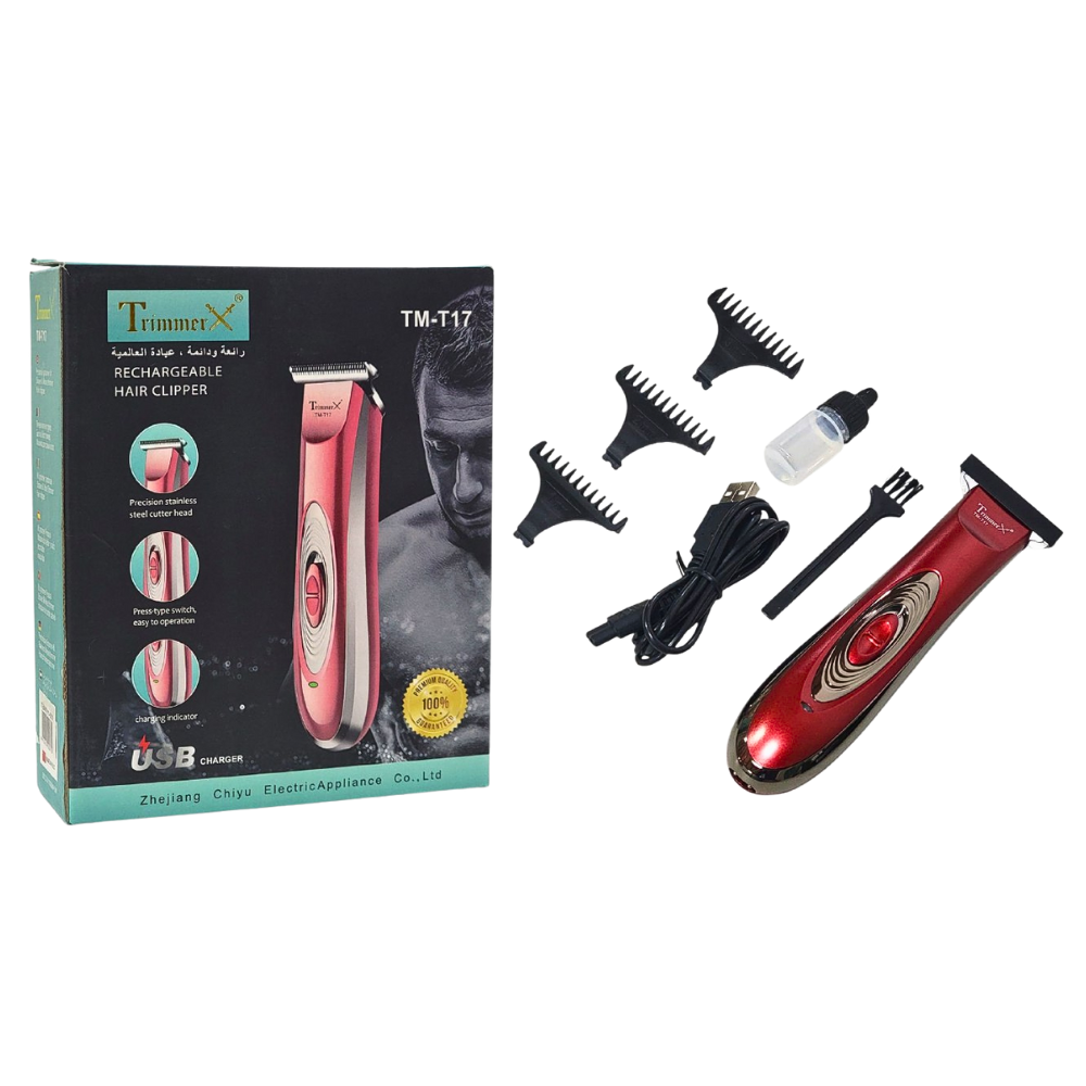 MAQUINA CORTADORA DE PELO PROFESIONAL RECARGABLE, CABEZAL DE CORTE DE PRECISION DE ACERO INOXIDABLE, INTERRUPTOR DE PRESION, FACIL DE USAR, INDICADOR DE CARGA, CABLE USB TRIMMER TM-T17