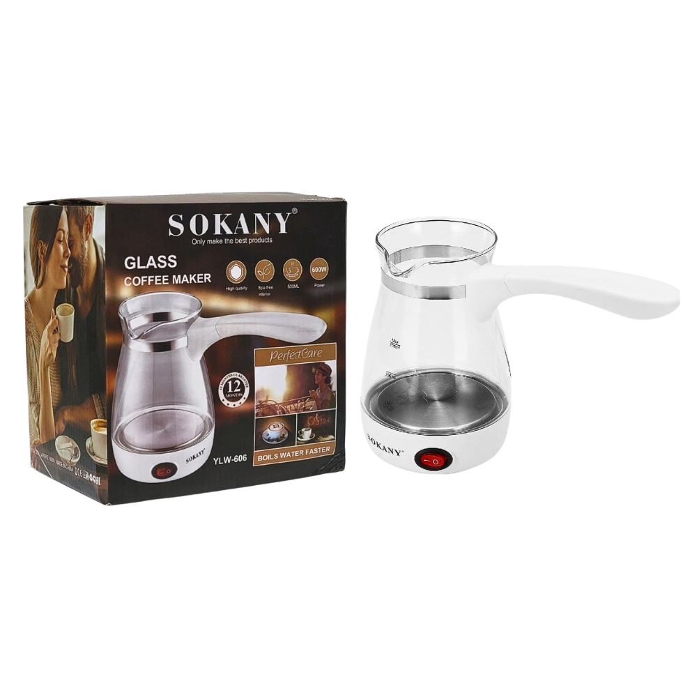 MAQUINA CAFETERA DE VIDRIO, HIERVE EL AGUA MAS RAPIDO, CAPACIDAD 500ML, 5 TAZAS DE CAFE, POTENCIA 600W, CALENTAMIENTO, INTERRUPTOR DE ENCENDIDO, FACIL DE LIMPIAR SOKANY YLW-606 GLASS COFFE MAKER