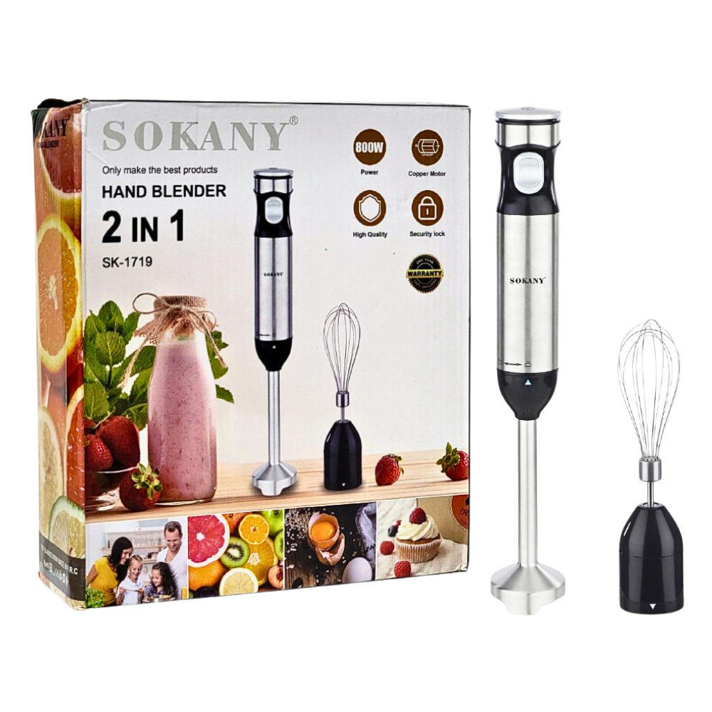 MAQUINA BATIDORA DE MANO 2 EN 1, ALTA POTENCIA 800W, DISEÑO DE EMPUÑADURA ERGONOMICA, LIMPIEZA FACIL Y RAPIDA, PROCESADOR DE ALIMENTOS MULTIFUNCIONAL CUCHILLAS DE ACERO INOXIDABLE SOKANY SK-1719