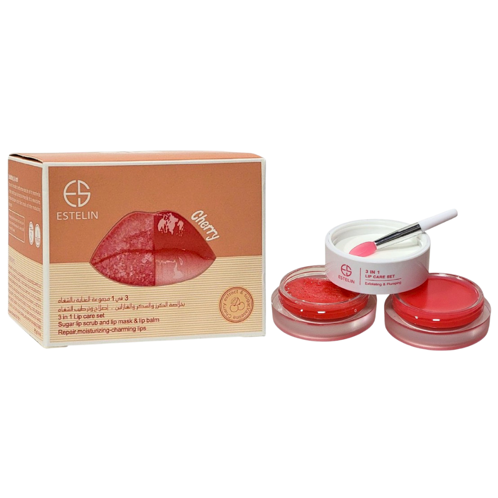 MASCARILLA HIDRATANTE PARA LABIOS EN SET 3 EN 1 BALSAMO HIDRATANTE MANTECA DE KARITE Y CEREZA ESTELIN 5G