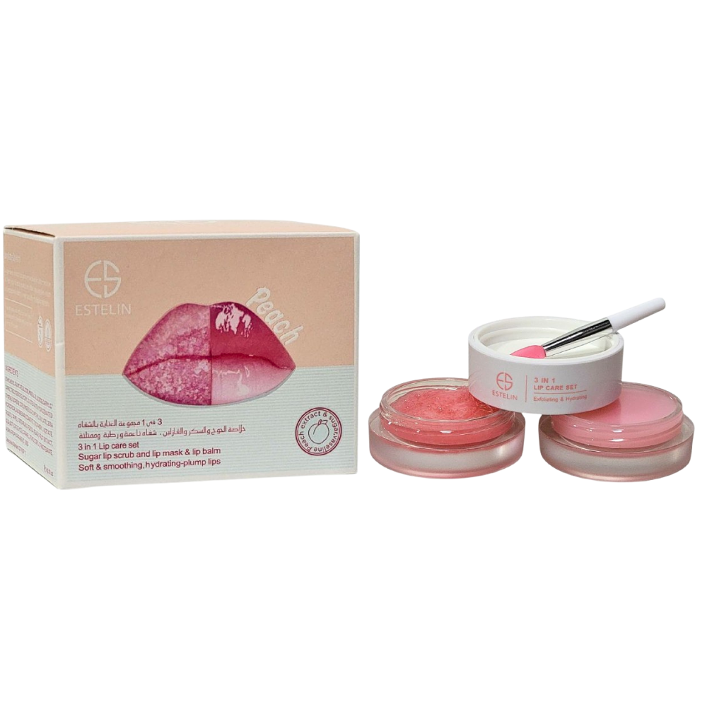 MASCARILLA HIDRATANTE PARA LABIOS EN SET 3 EN 1 BALSAMO HIDRATANTE MELOCOTON, AZUCAR Y VASELINA ESTELIN 5G