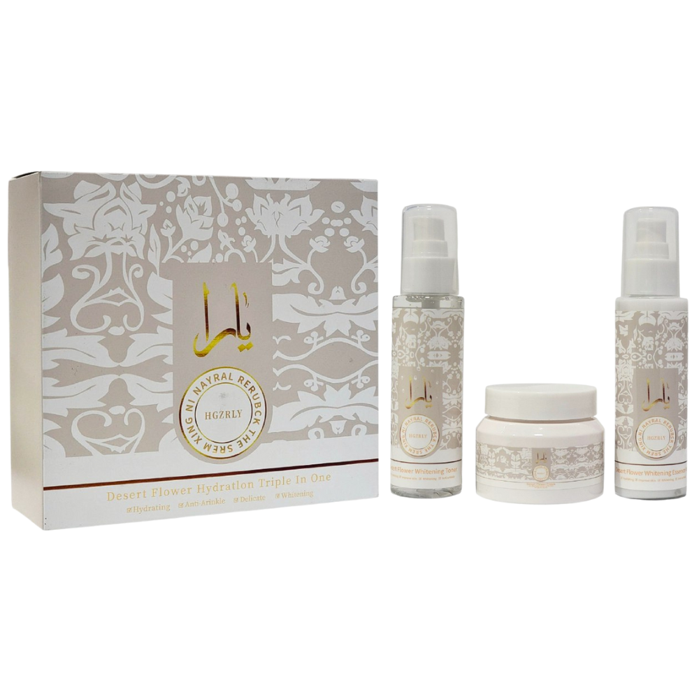 CREMA FACIAL EN SET DE CUIDADO FACIAL, HIDRATACION TRIPLE EN UNO FLOR DEL DESIERTO ANTIARRUGAS Y BLANQUEADOR, TONICO 100ML, LECHE ESENCIAL 100ML, CREMA FACIAL 50G HGZRLY DUPE DE LATTAFA YARA MOI