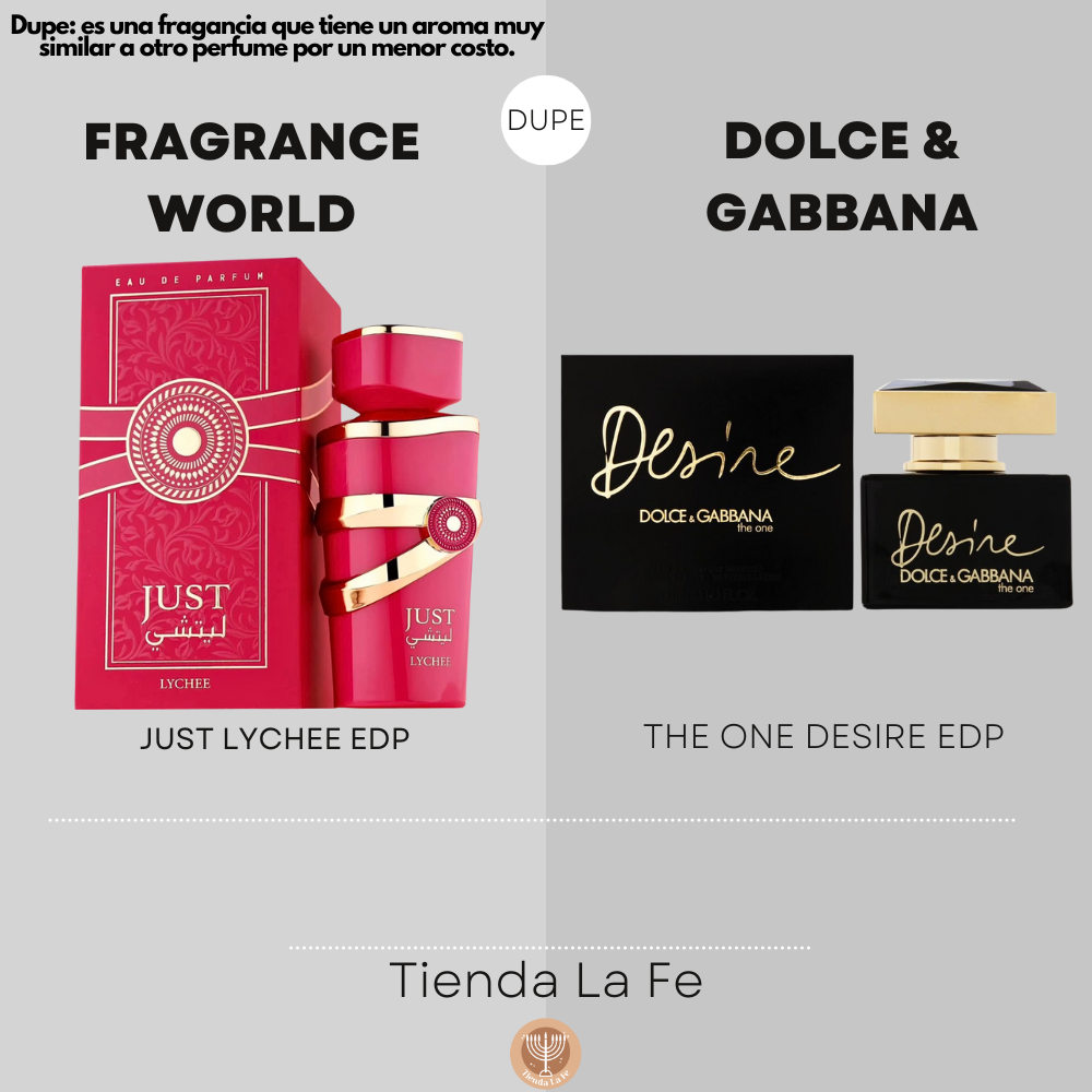 FRAGRANCE WORLD JUST LYCHEE EDP 100ML (M) (DUPE DOLCE & GABBANA THE ONE DESIRE EDP)