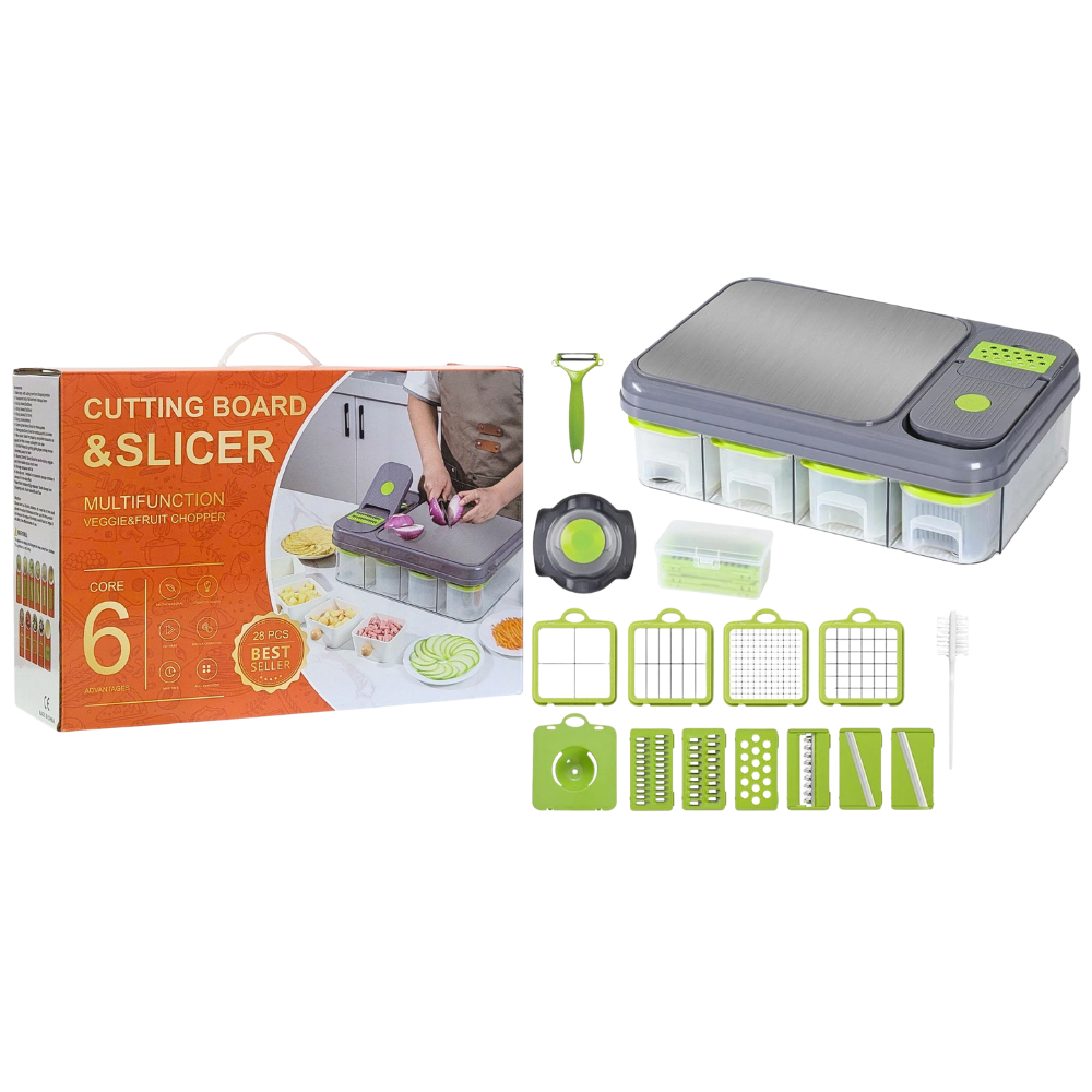 MAQUINA CHISMOLERA DE 28 PIEZAS MULTIUSOS TODO EN UNO, CUCHILLAS INTERCAMBIABLES DE ACERO INOXIDABLE Y 4 COMPARTIMIENTOS CUTTING BOARD 13X30X45CM