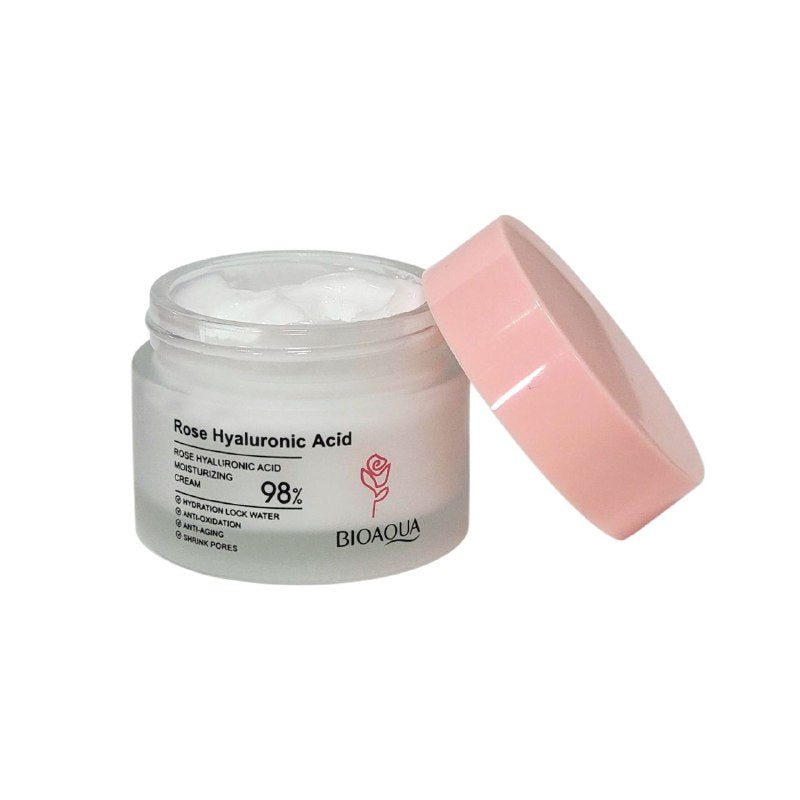 CREMA FACIAL DE ACIDO HIALURONICO DE ROSA, HIDRATANTE DE TEXTURA LIGERA Y SUVAE, HIDRATA, REPONE EL AGUA Y BLANQUEA SUAVEMENTE LA PIEL BIOAQUA 50G
