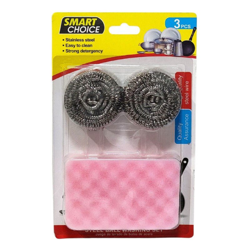 ESPONJA EN SET DE LAVADO DE BOLAS DE ACERO INOXIDABLE LAVA PLATOS SMART CHOICE, 3 COLORES